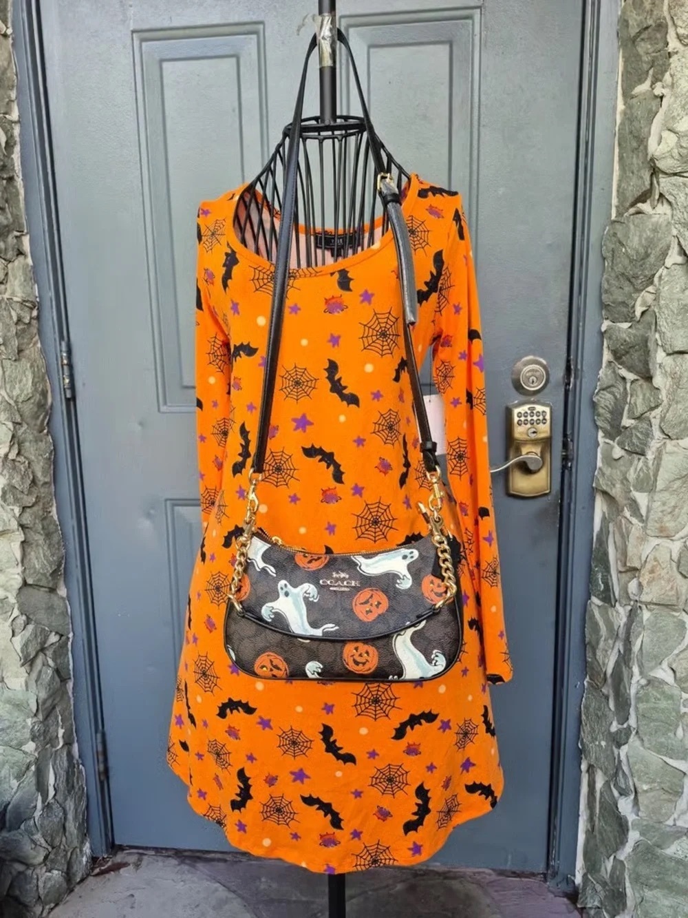 Coach Black Leather Shoulder Bag with White Ghosts & Orange Pumpkin Faces - Picture 3 of 5